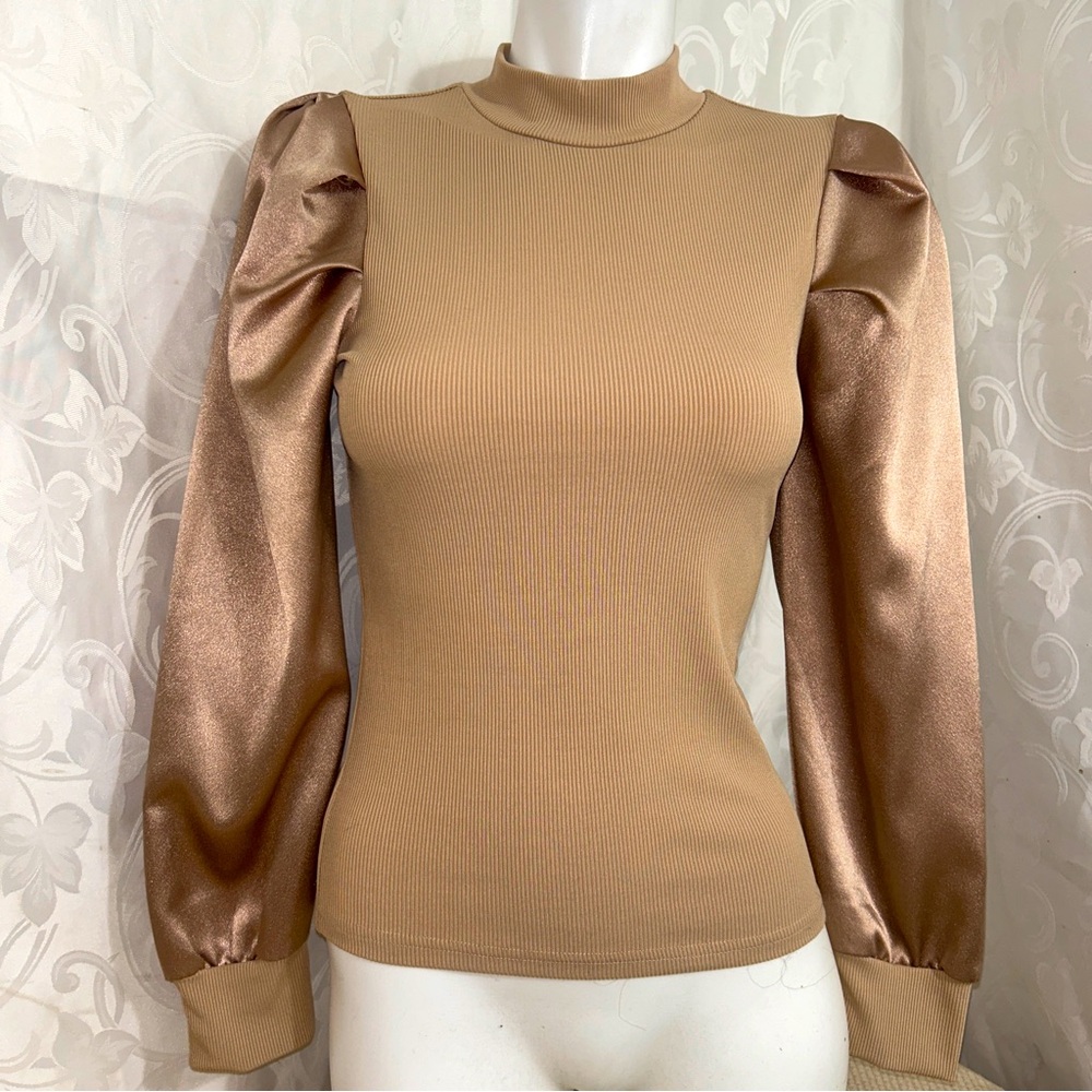 SHEIN Nude Satin Mock Neck Contrast Ribbed Long Puff Sleeved Top